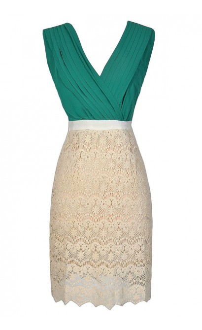 Green and Beige Dress, Cute Lace Dress, Lace Pencil Dress, Green and Beige Lace Dress, Green and Lace Pencil Dress, Lace and Chiffon Pencil Dress, 