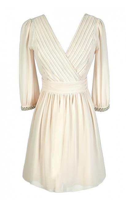 Beige Rehearsal Dinner Dress, Beige Bridal Shower Dress, Ivory Rehearsal Dinner Dress, Ivory Bridal Shower Dress, Beige Party Dress, Beige Cocktail Dress, Beige Three Quarter Sleeve Dress, Beige Chiffon Dress, Ivory Party Dress