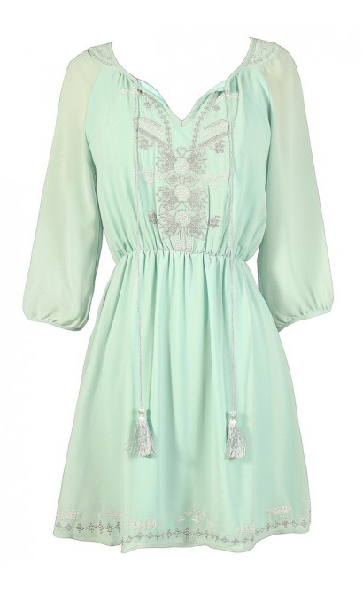 Cute Mint Dress, Mint Summer Dress, Mint Embroidered Dress, Mint Party Dress, Mint A-Line Dress, Mint Chiffon Dress