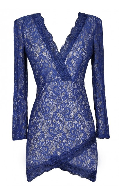 Blue Lace Dress, Longsleeve Lace Dress, Royal Blue Lace Dress, Blue Lace Crossover Hem Dress, Cute Blue Dress, Blue Bodycon Dress, Lace Bodycon Dress
