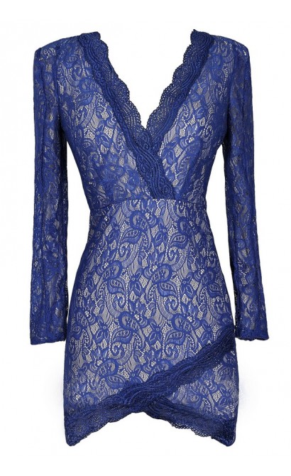 Blue Lace Dress, Longsleeve Lace Dress, Royal Blue Lace Dress, Blue Lace Crossover Hem Dress, Cute Blue Dress, Blue Bodycon Dress, Lace Bodycon Dress