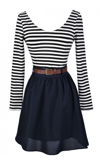 Belted Stripe Dress, Navy Stripe Dress, Cute Fall Dress, Navy A-Line Stripe Dress, A-Line Stripe Dress, Colorblock Stripe Dress, Navy Colorblock Stripe Dress