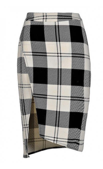 Black and White Plaid Skirt, Black and Ivory Plaid Skirt, Cute Plaid Skirt, Plaid Pencil Skirt, Crossover Pencil Skirt, Plaid Printed Skirt