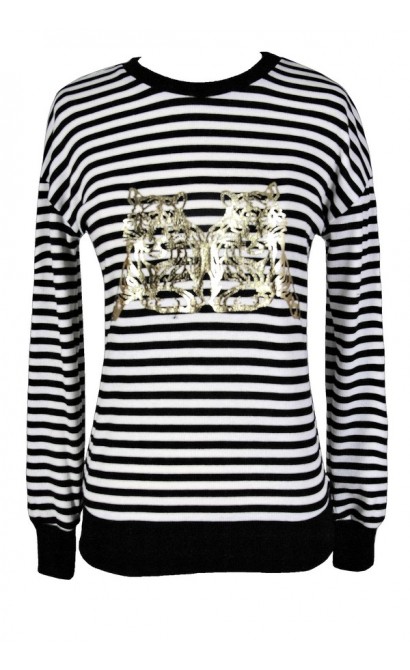 Black and Ivory Tiger Top, Black and Ivory Metallic Tiger Top, Cute Tiger Top, Tiger Emblem Top, Black White and Gold Tiger Top