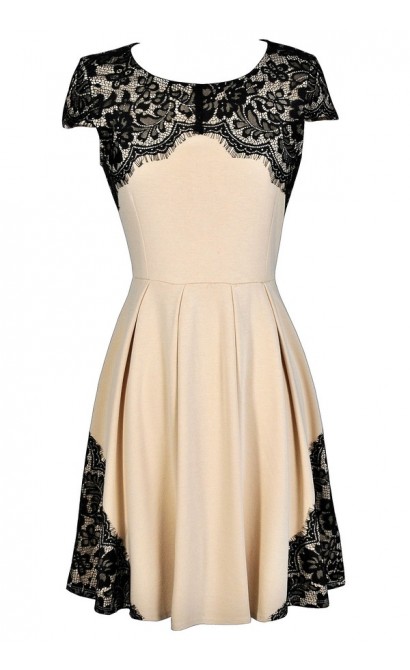Black and Beige Lace Dress, Black and Beige Lace A-Line Dress, Black and Beige Party Dress, Cute Black Lace Dress, Beige Lace Dress, 