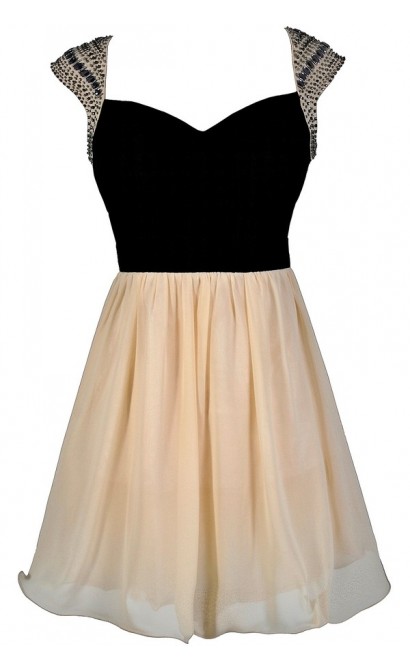 Black and Beige Beaded Shoulder Homecoming Party Dress