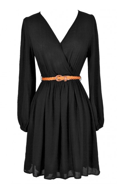 Black Surplice Dress, Black Belted Dress, Cute Fall Dress, Black and Brown Dress, Black Crossover Dress, Casual Black Dress, Black Knit Dress, Black Longsleeve Dress, Black A-Line Dress, Black Sundress