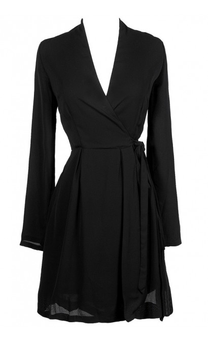 Black Wrap Dress, Cute Black Dress, Black Longsleeve Wrap Dress, Black ...