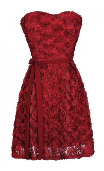 Red Rosette Dress, Cute Rosette Dress, Burgundy Rosette Dress, Burgundy Rosette A-Line Dress, Cute Holiday Dress, Cute Christmas Dress, Red Bridesmaid Dress, Cute Bridesmaid Dress