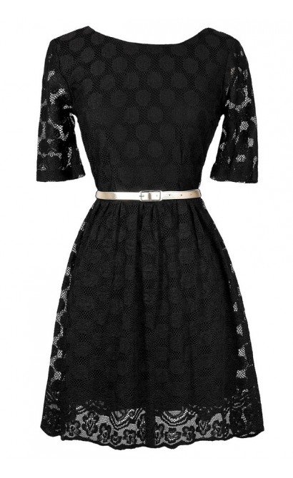 Black Lace A-Line Dress, Belted Black Lace Dress, Little Black Dress ...