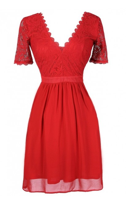 Red Lace Dress, Cute Red Dress, Red A-Line Lace Dress, Red Lace A-Line ...