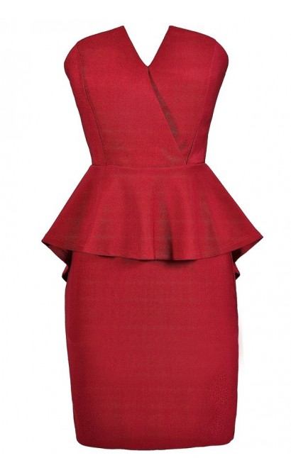 Cute Holiday Dress, Cute Christmas Dress, Burgundy Peplum Dress, Burgundy Christmas Dress, Strapless Peplum Dress, Peplum Pencil Dress, Strapless Peplum Pencil Dress, Burgundy Party Dress, Burgundy Cocktail Dress, Red Cocktail Dress, Red Party Dress, Red 