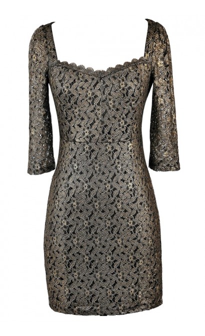 Black and Gold Lace Holiday New Years Eve Cocktail Dress