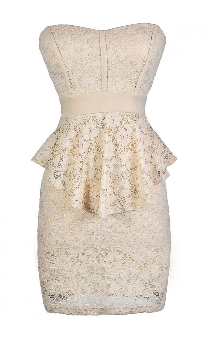 Beige Lace Peplum Dress, Beige Lace Strapless Peplum Pencil Dress, Cute Beige Lace Dress, Beige Lace Party Dress, Beige Lace Cocktail Dress, Strapless Beige Lace Party Dress