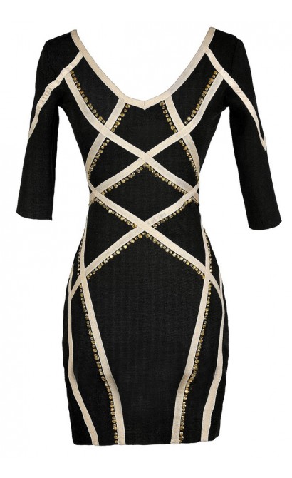 Cute Bodycon Dress, Black and Beige Bodycon Dress, Bodycon Dress With Sleeves, Studded Bodycon Dress, Black and Beige Studded Bodycon Dress