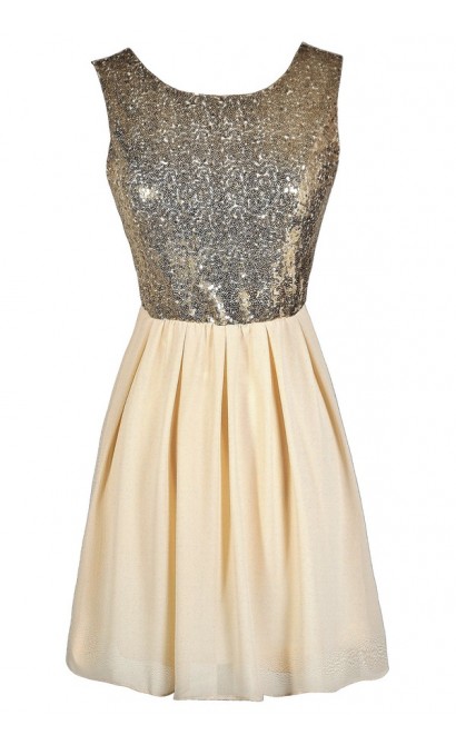 Cream and Gold Sequin Dress, Cream and Gold Sequin A-Line Dress, Cream and Gold Sequin Party Dress, Cream and Gold Sequin Cocktail Dress, Ivory and Gold Sequin Dress, Ivory and Gold Sequin Party Dress