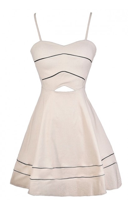Beige A-Line Dress, Beige Party Dress, Beige Cutout Dress, Cute Beige and Black Dress