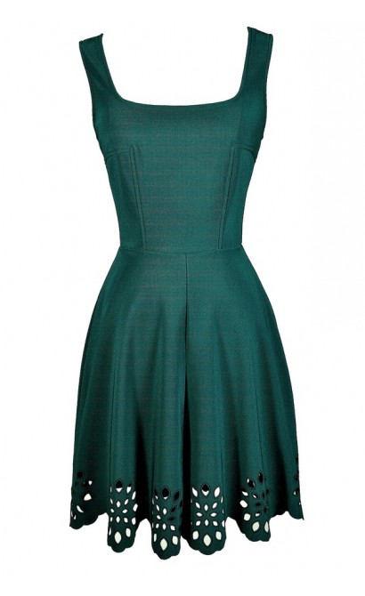 Hunter Green A-Line Dress, Hunter Green Party Dress, Cute Green Dress, Green Lasercut Dress, Green Eyelet Dress, Green Summer Dress, Dark Green A-Line Dress, Dark Green Party Dress