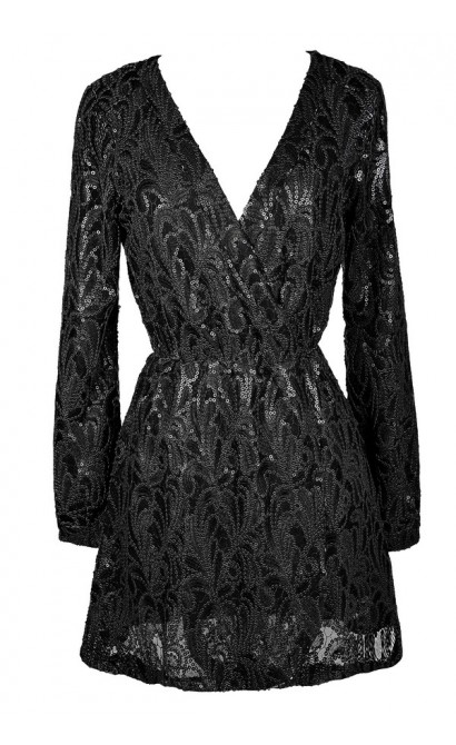 Black Sequin Wrap Dress, Black Wrap Dress, Black Sequin Party Dress ...