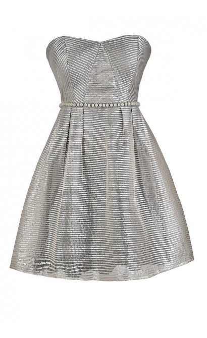 Grey A-Line Dress, Grey Pearl Stripe Dress, Grey Stripe Party Dress ...