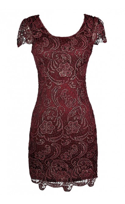 Burgundy Lace Dress, Burgundy Lace Pencil Dress, Burgundy Capsleeve Lace Dress, Burgundy and Gold Metallic Lace Dress