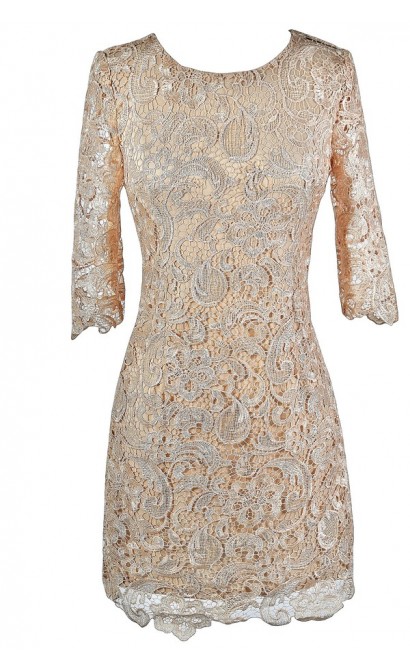 Beige Lace Dress, Beige Lace Cocktail Dress, Beige Lace Party Dress, Beige Lace Three Quarter Sleeve Dress