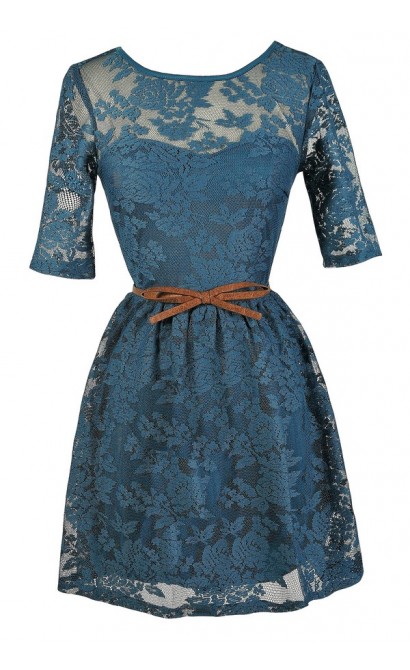 Teal Lace Dress, Teal Lace Party Dress, Belted Teal Lace Dress, Teal Lace A-Line Dress