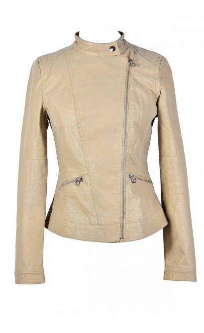 Beige Leatherette Jacket, Beige Faux Leather Jacket, Cute Beige Jacket, Beige Crossover Jacket