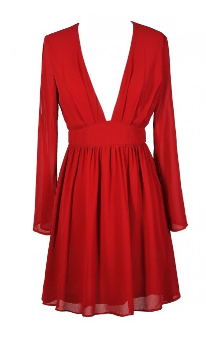 Red Longsleeve Chiffon Dress, Cute Red Dress, Red Party Dress, Red Open Shoulder Dress, Red A ...
