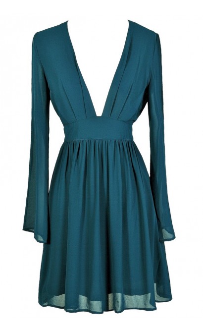 Teal Longsleeve Dress, Teal Chiffon Dress, Teal Open Shoulder Dress ...