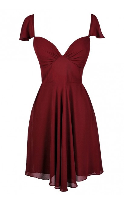 Cute Burgundy Dress, Burgundy Flutter Sleeve Dress, Burgundy Cocktail Dress, Burgundy Party Dress, Burgundy Chiffon Dress, Maroon Party Dress, Maroon Cocktail Dress, Maroon Flutter Sleeve Dress