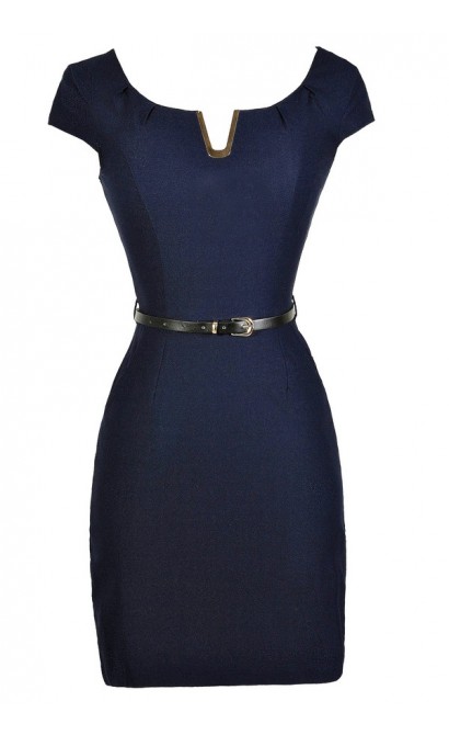 Navy Pencil Dress, Navy Belted Dress, Cute Navy Dress, Navy Work Dress, Cute Work Dress