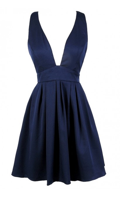 Cute Navy Dress, Navy Party Dress, Navy Cocktail Dress, Navy Plunging Neckline Dress