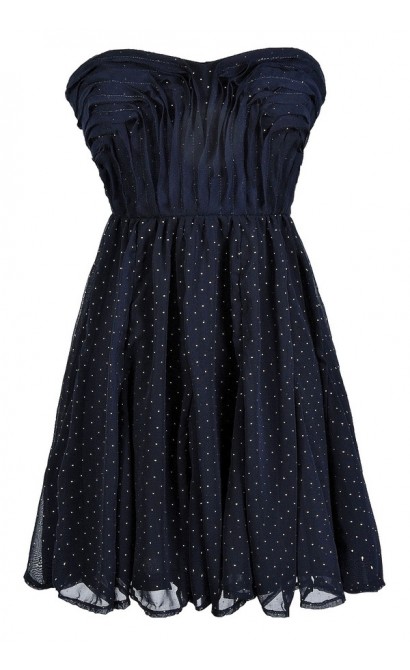 Navy and Gold Strapless Cocktail Party Dress