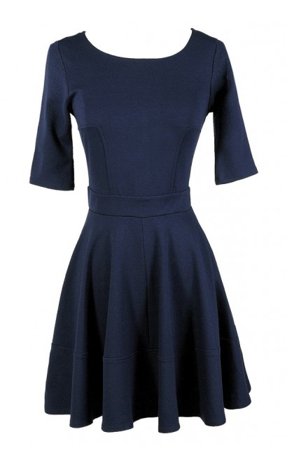 Cute Navy Dress, Navy A-Line Dress, Navy Party Dress, Navy Cocktail Dress, Navy Three Quarter Sleeve A-Line Dress, Blue Party Dress, Blue A-Line Dress