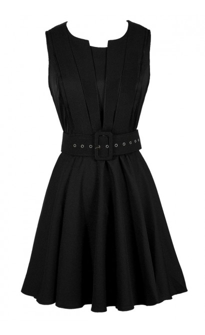 Black Belted Dress, Black Belted A-Line Dress, Cute Black Dress, Black ...