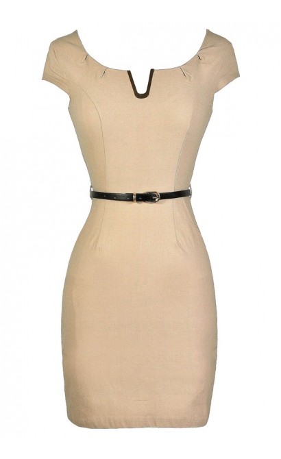 Beige Pencil Dress, Cute Beige Dress, Beige Work Dress, Belted Beige Dress, Fitted Beige Dress