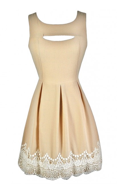 Cute Beige Dress, Beige A-Line Dress, Beige Rehearsal Dinner Dress, Beige Party Dress, Beige and Ivory Lace Dress