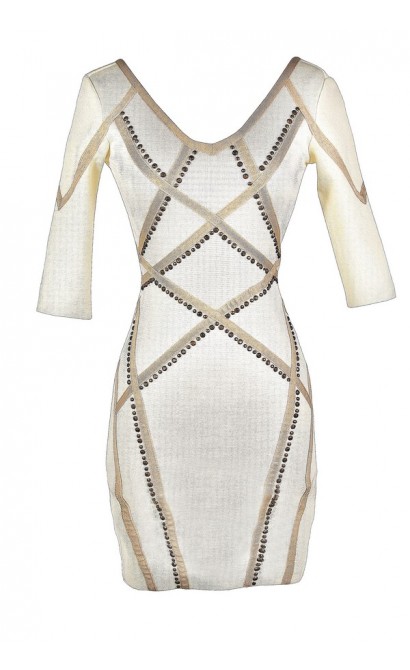 Cute Bodycon Dress, Studded Bodycon Dress, Beige and Ivory Cocktail Dress, Ivory Bodycon Dress, Ivory Party Dress, Beige Party Dress, Beige Cocktail Dress, Beige and Ivory Studded Dress