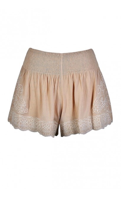 Cute Beige Shorts, Beige Embroidered Shorts, Beige and Ivory Shorts, Cute Summer Shorts, Cute Beige Shorts
