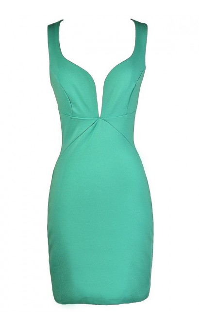 Mint Party Dress, Mint Cocktail Dress, Cute Mint Dress, Mint Bodycon Dress, Mint Plunging Neckline Dress, Fitted Mint Dress