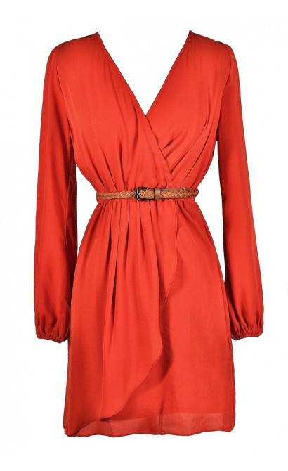 Belted Coral Dress, Belted Rust Dress, Cute Coral Dress, Cute Rust Dress, Rust Coral Dress, Belted Coral Wrap Dress, Belted Rust Wrap Dress, Coral Wrap Dress