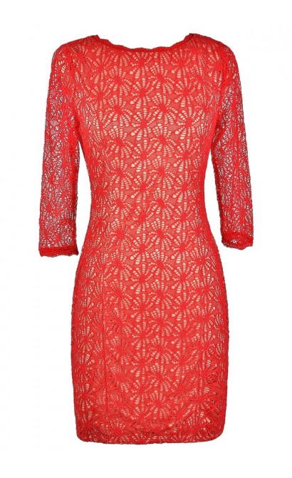 Red Lace Dress, Cute Red Dress, Red Lace Pencil Dress, Red Lace Three Quarter Sleeve Dress, Red Lace Party Dress, Red Lace Cocktail Dress