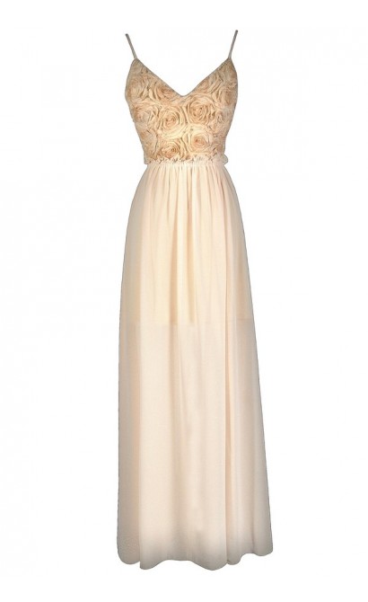 Rosette Maxi Dress, Rosette Prom Dress, Rosette Formal Dress, Rosette Open Back Maxi Dress, Cream Maxi Dress, Beige Maxi Dress, Cream Prom Dress, Beige Prom Dress, Rosette Prom Dress, Rosette Maxi Dress