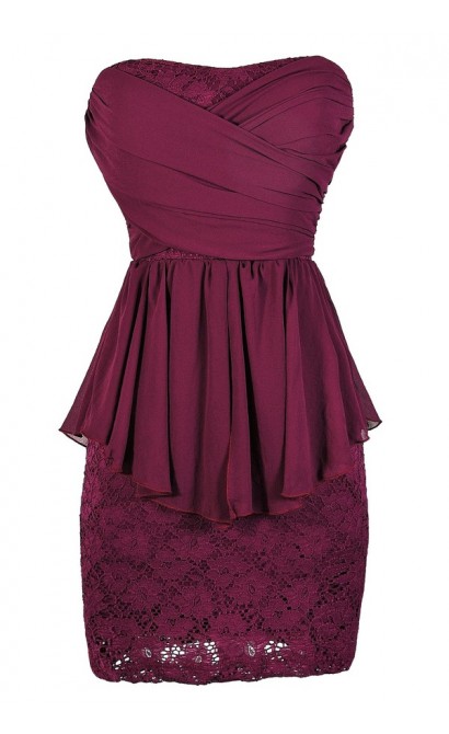Magenta Lace Dress, Magenta Cocktail Dress, Magenta Party Dress, Magenta Peplum Lace Dress, Magenta Strapless Lace Dress