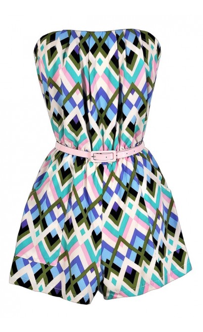 Cute Romper, Summer Romper, Printed Romper, Belted Romper, Blue and Green Romper, Blue and Pink Romper