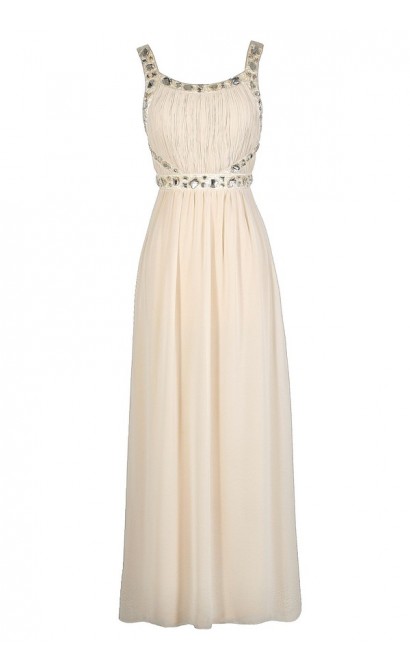 Cute Beige Dress, Beige Prom Dress, Beige Maxi Dress, Beige Rhinestone Dress, Beige Beaded Dress, Beige Floor Length Dress