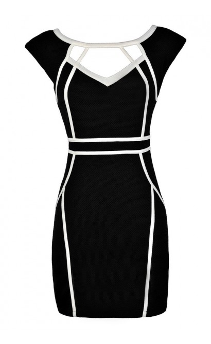 Cute Pencil Dress, Black Pencil Dress, Black and White Pencil Dress, Black and White Fabric Piping Pencil Dress, Black and White Cutout Pencil Dress, Black and White Party Dress