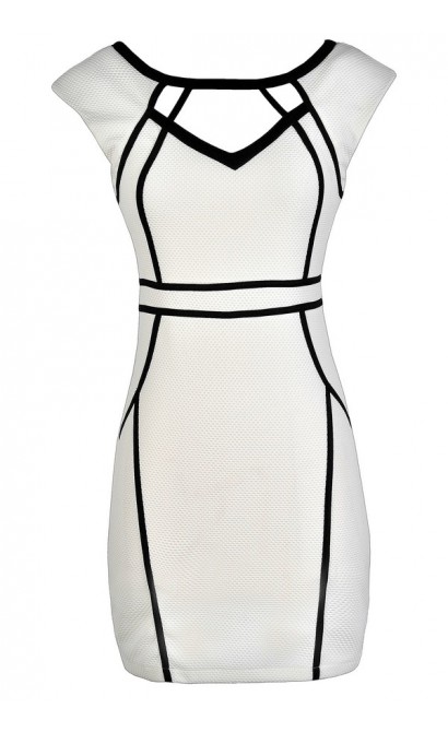 White Pencil Dress, White and Black Pencil Dress, White Pencil Dress With Fabric Piping, White Cutout Pencil Dress