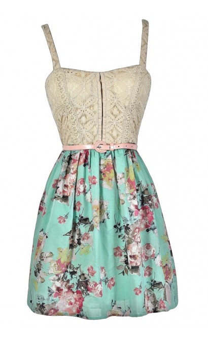 Cute Summer Dress, Mint Floral Dress, Mint Summer Dress, Mint Belted Dress, Mint Floral Print Dress, Mint Beige Lace Dress